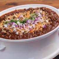 Brisket Chili ~ Family Size · Brisket chili · pepper jack · red onions · six dinner rolls with butter · feeds 4-6 people