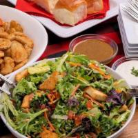 House Salad ~ Family Size · mixed greens · tomatoes · pepper jack · cheddar · cilantro · croutons · choice of dressing ·...