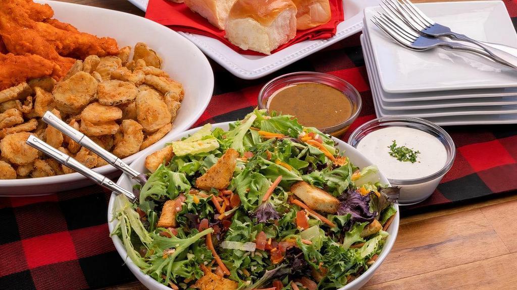 House Salad ~ Family Size · mixed greens · tomatoes · pepper jack · cheddar · cilantro · croutons · choice of dressing · feeds a party of 4
