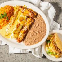 Bo Leo'S Plate · Chicken enchilada with crema verde sauce, cheese enchilada con queso and beef enchilada con ...