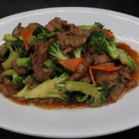 Beef With Broccoli · Sliced beef stir-fried with carrots & broccoli.
