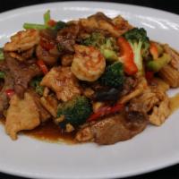 Triple Delight · Beef, chicken, shrimp and mixed vegetables stir fried with brown sauce.