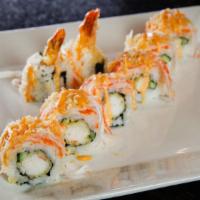 Shaggy Dog Roll · Shrimp tempura, cucumber, rice, seaweed, massago, kani on top with spicy mayo.