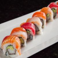 Rainbow Roll · Kani, cucumber, avocado, rice, seaweed, tuna, fresh salmon, white fish, massago.