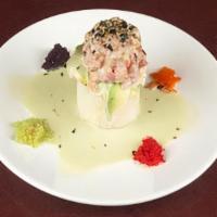 Towers /Tuna · A foundation of sushi rice layered with Tampa Bay sauce, masago and sliced avocado topped wi...