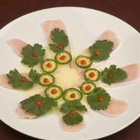 Razor /Ytail · Thinly sliced yellowtail tuna topped with cilantro, serrano chiles, and sriracha sauce finis...