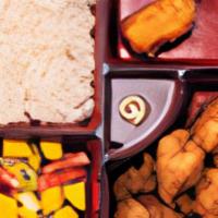 Kids Bento Box · For kids 12 & under.. Served with a drink, fruit, cheese Kushi-Agge and ice cream.. No subst...