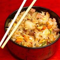 Combo Yakimeshi · Teppan-fried Japanese rice, Beef, chicken and shrimp, eggs, carrots, zucchini, peppers, onio...