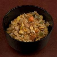 Chick Yakimeshi · Teppan-fried Japanese rice, Chicken, eggs, carrots, zucchini, peppers, onions.