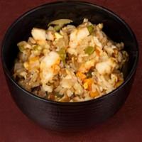 Shrmp Yakimeshi · Teppan-fried Japanese rice, Shrimp, eggs, carrots, zucchini, peppers, onions.