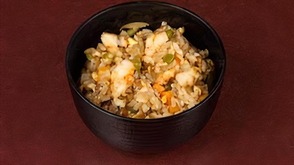 Shrmp Yakimeshi · Teppan-fried Japanese rice, Shrimp, eggs, carrots, zucchini, peppers, onions.