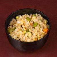 Veg Yakimeshi · Teppan-fried Japanese rice, eggs, carrots, zucchini, peppers, onions.