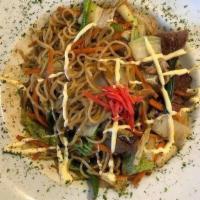 Combo Yakisoba · Stir fried noodles with vegetables in Yakisoba Sauce drizzled with Japanese mayo and grated ...
