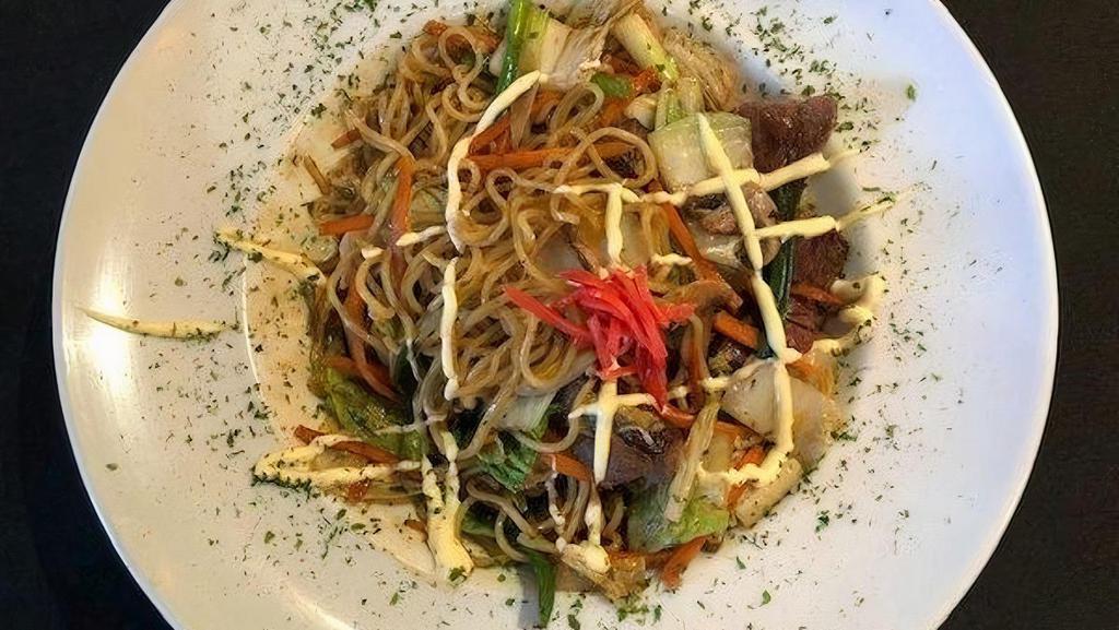Combo Yakisoba · Stir fried noodles with vegetables in Yakisoba Sauce drizzled with Japanese mayo and grated ginger.