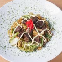 Beef Yakisoba · Stir fried noodles with vegetables in Yakisoba Sauce drizzled with Japanese mayo and grated ...