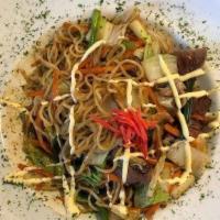 Shrimp Yakisoba · Stir fried noodles with vegetables in Yakisoba Sauce drizzled with Japanese mayo and grated ...