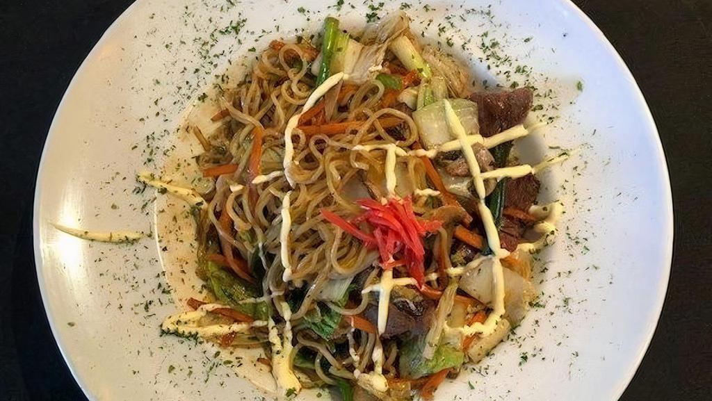Shrimp Yakisoba · Stir fried noodles with vegetables in Yakisoba Sauce drizzled with Japanese mayo and grated ginger.