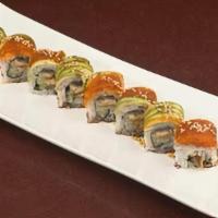 Dragon Roll · Unagi eel, cucumber, wrapped with avocado, Masago caviar, sesame seeds, Eel sauce, uramaki s...