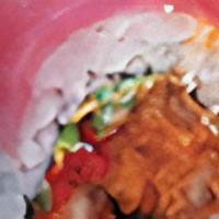 Flaming Roll · Fried crawfish, spicy mayo, habanero masago, and serrano chilis. Rolled uramaki style. Wrapp...