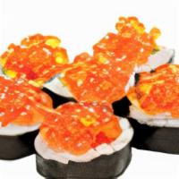 Summer Roll · Tuna, salmon, yellowtail, avocado, topped with ikura (salmon caviar), maki style