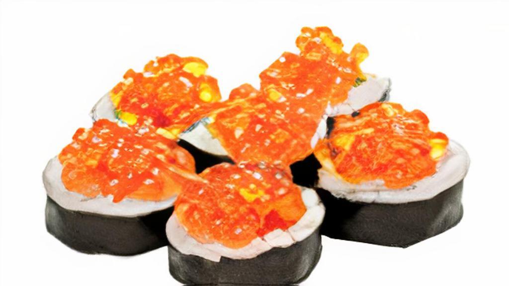 Summer Roll · Tuna, salmon, yellowtail, avocado, topped with ikura (salmon caviar), maki style