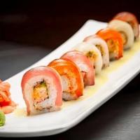 Jen Roll · Spicy kanikama crab and kaiware sprouts rolled uramaki style, wrapped with tuna, salmon and ...