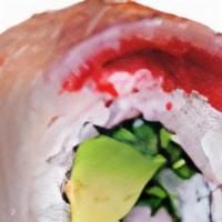 Diamond Roll · Spicy shrimp, avocado and cilantro rolled uramaki style. Wrapped with fresh yellowtail and h...