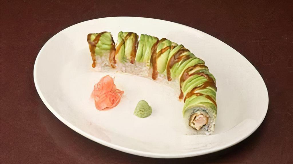Saturday Roll · Fried shrimp, cream cheese and Tampa Bay sauce rolled uramaki style, wrapped with avocado, topped with Kushi-Agge sauce.