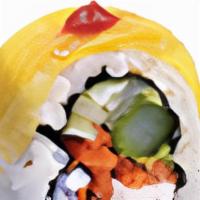 Tropical Roll · Asparagus, avocado, cucumber, carrots, sprouts, and cream cheese. Rolled uramaki style. Wrap...