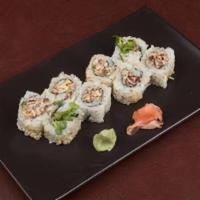 Spicy Octopus Roll · Spicy Mayo, kaiware sprouts and green onion rolled uramaki style topped with sesame seeds