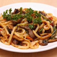 Beef Yakiudon · Stir fried thick white wheat-flour noodles with vegetables and beef tenderloin in Yakisoba S...