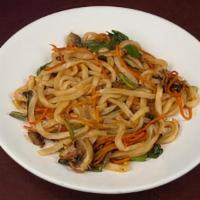 Veg Yakiudon · Stir fried thick white wheat-flour noodles with vegetables in Yakisoba Sauce.