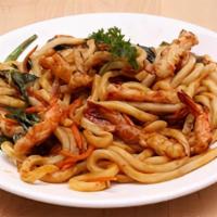 Shrimp Yakiudon · Stir fried thick white wheat-flour noodles with vegetables and shrimp in Yakisoba Sauce.