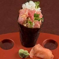 Hr* Sp- Tuna · Traditional, cone-shaped hand-rolled sushi. Spicy mayo, kaiware sprouts, and green onions.. ...