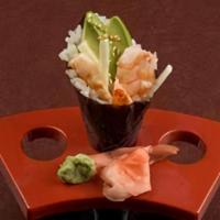 Hr* Cali Shrmp · Traditional, cone-shaped hand-rolled sushi.. Avocado and cucumber.. Shrimp