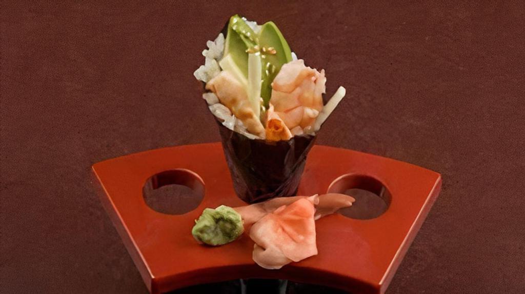Hr* Cali Shrmp · Traditional, cone-shaped hand-rolled sushi.. Avocado and cucumber.. Shrimp