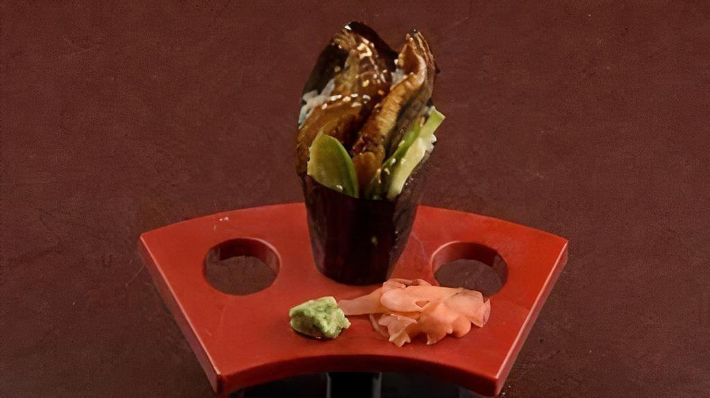 Hr* Unagi · Traditional, cone-shaped hand-rolled sushi. Unagi eel, cucumber, avocado, Eel sauce