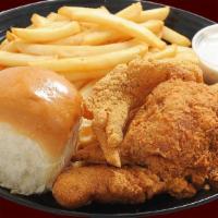 Chicken & Fish · Two piece catfish, one chicken leg, one chicken thigh. Comes with French fries and one roll.