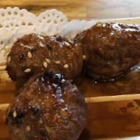 Chicken Meatball Skewers · 2 skewers of chicken teriyaki meatballs.