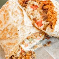 Burrito California · Super size flour tortilla filled with your choice of meat, rice, refried beans, avocado, tom...