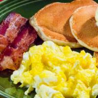 Kids Mini Pancakes · 3 mini pancakes served with scrambled eggs and bacon. 
NO DRINK INCLUDED