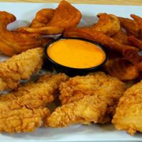Chicken Tenders & Fries · Fresh chicken breast tenderloins served with small sidewinders and our Indian Boom Boom sauce
