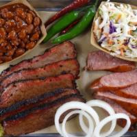 The Texan (2 Meat) · Spare ribs, brisket, turkey, sausage, pulled pork or chicken.
