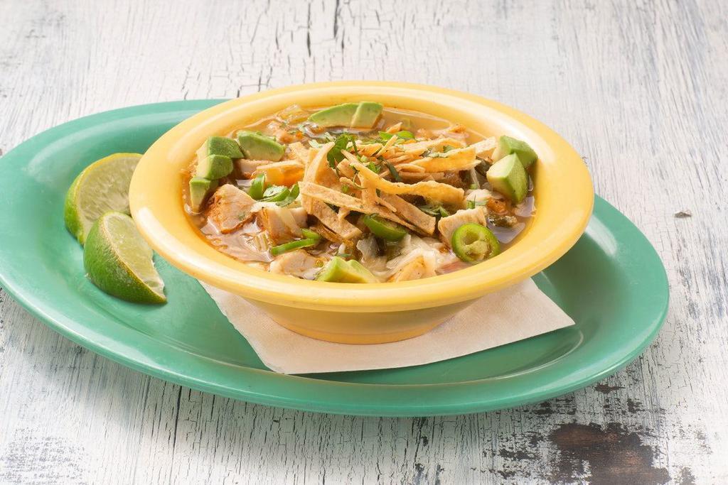 Sopa De Tortilla · chicken, veggies, avocado, shredded cheese y tortilla strips. cup or bowl