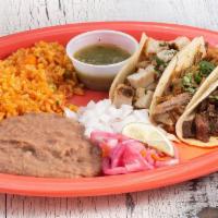 Any 3 Tacos · served with rice, beans, cilantro, white onions, habanero onions, green salsa y lime