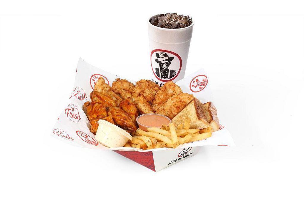 5 & 5 Meal · Wings shaken in the flavor of your choice, with fried or grilled tenders, a side, 2 dipping sauces, and a drink.