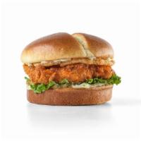 Buffalo Ranch Chicken Sandwich · *sandwich only*. Fried chicken breast shaken in buffalo sauce with crispy fried onions, lett...