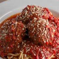 Spaghetti And Meatballs · House-made meatballs and marinara, served a side salad with garlic crostini