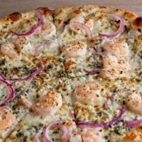 #10 · White pie with shrimp, red onion, caper and lemon