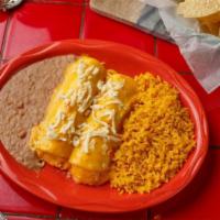 Enchiladas (2) · Seasoned Beef, Chicken or Cheese filling topped with choice of sauce.